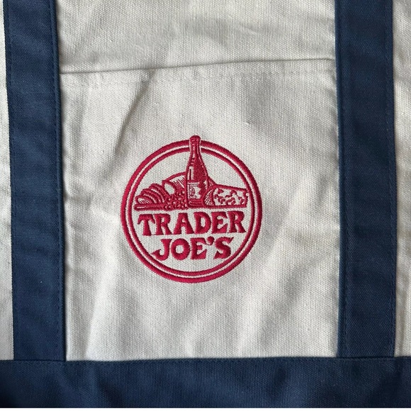 Trader Joe's Reusable Canvas Eco Tote Bag Heavy Duty Bag Blue White Brand - Picture 2 of 6